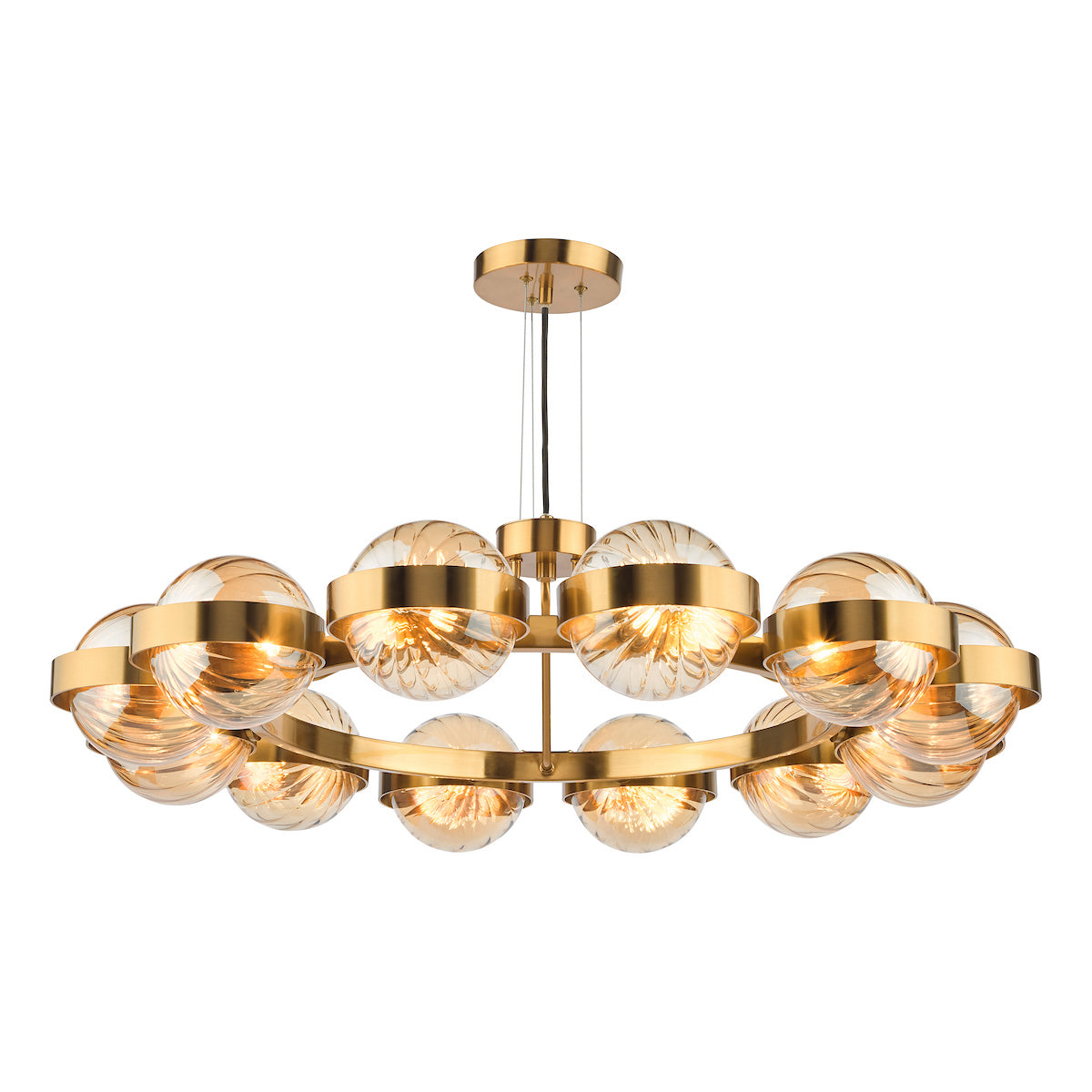 OPH1235 Ophira 12 Light Pendant Antique Gold and Amber Ribbed Glass