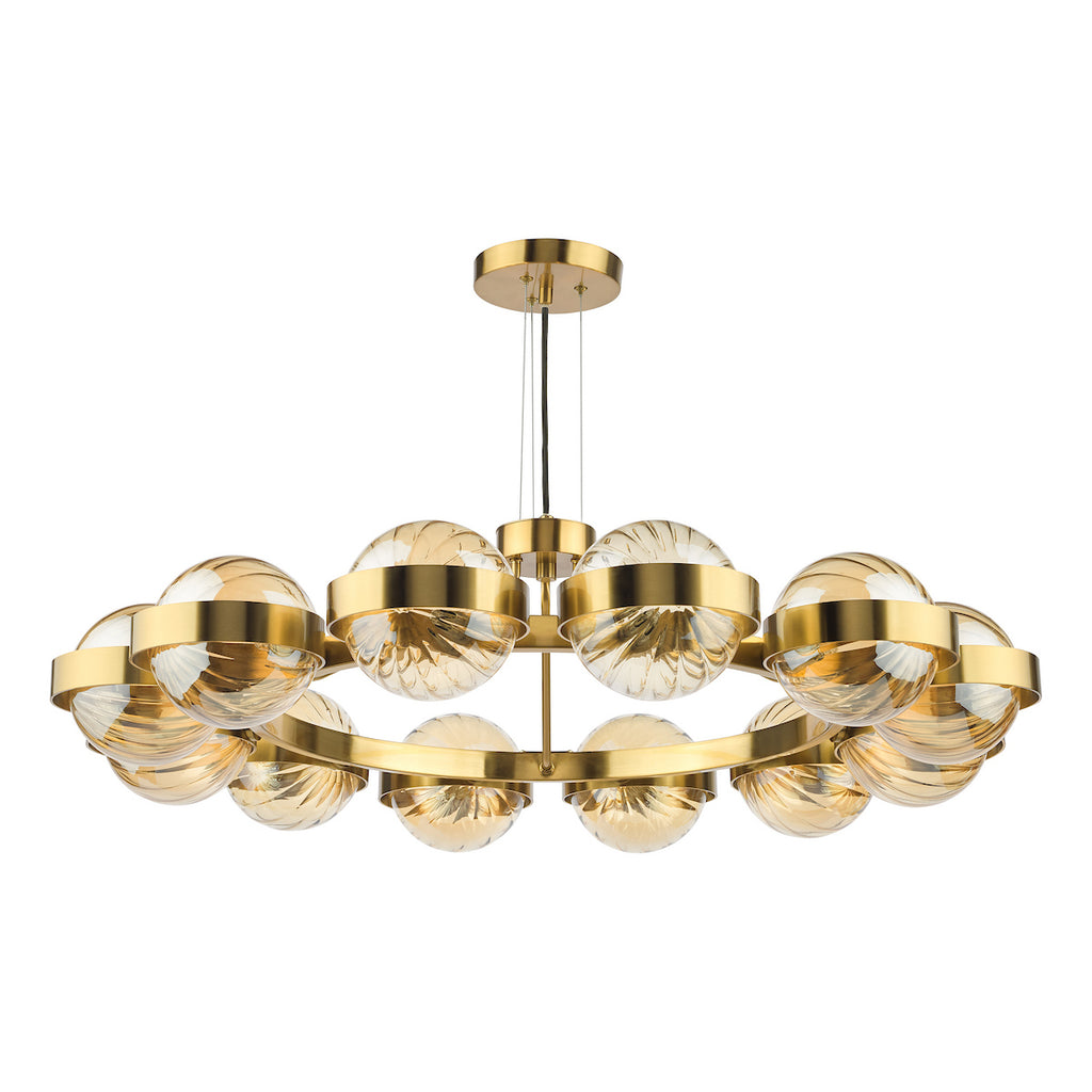 OPH1235 Ophira 12 Light Pendant Antique Gold and Amber Ribbed Glass