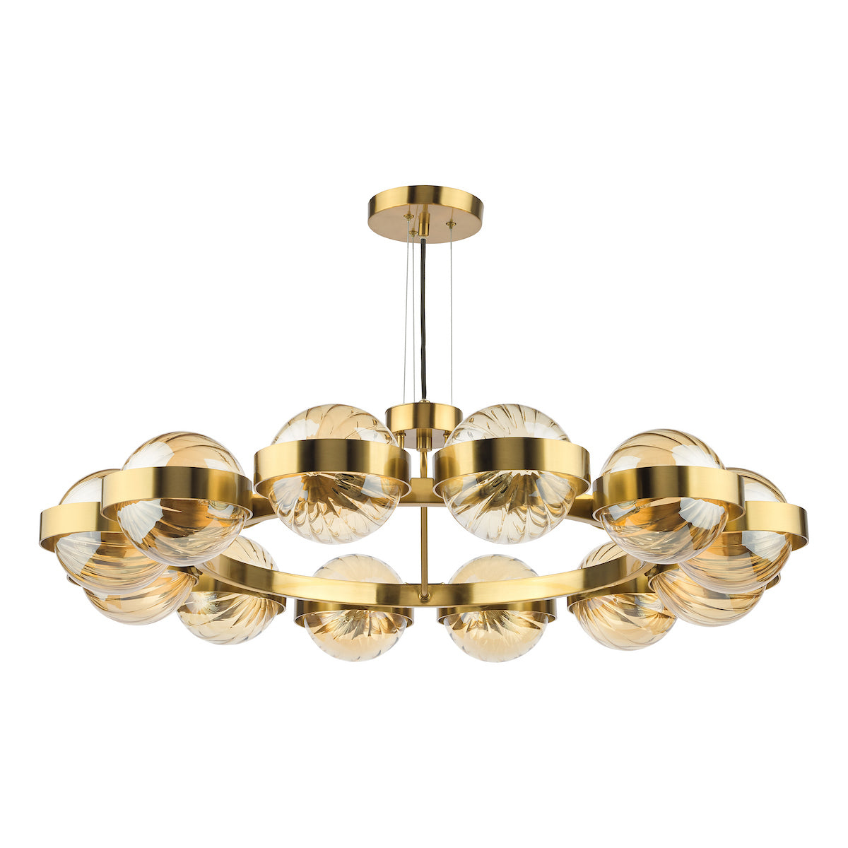 OPH1235 Ophira 12 Light Pendant Antique Gold and Amber Ribbed Glass