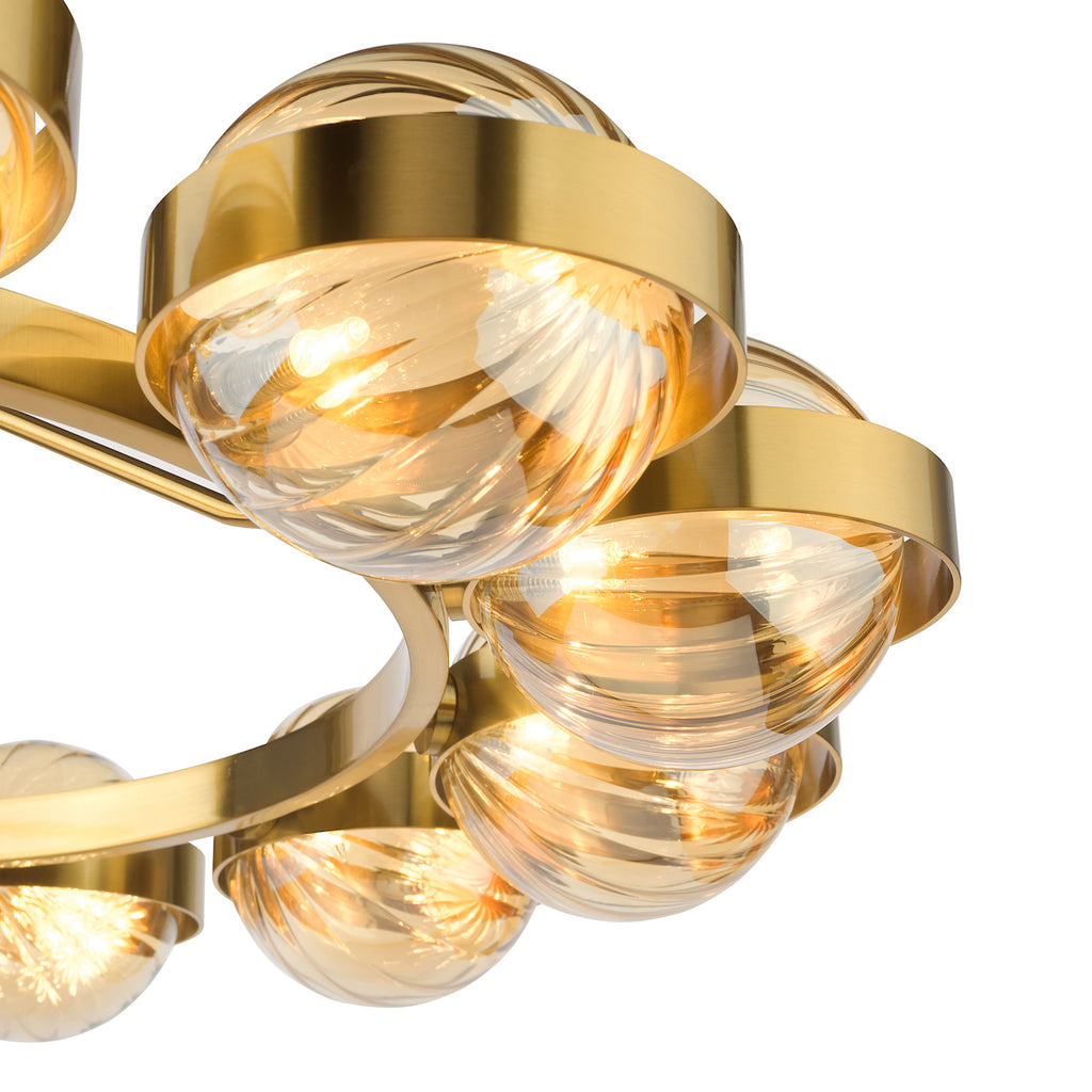 OPH1235 Ophira 12 Light Pendant Antique Gold and Amber Ribbed Glass