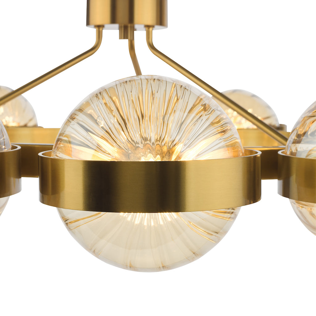 OPH1235 Ophira 12 Light Pendant Antique Gold and Amber Ribbed Glass