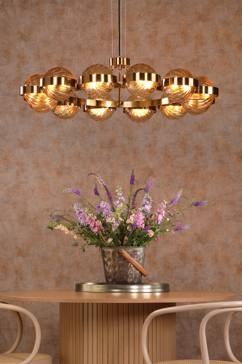 OPH1235 Ophira 12 Light Pendant Antique Gold and Amber Ribbed Glass