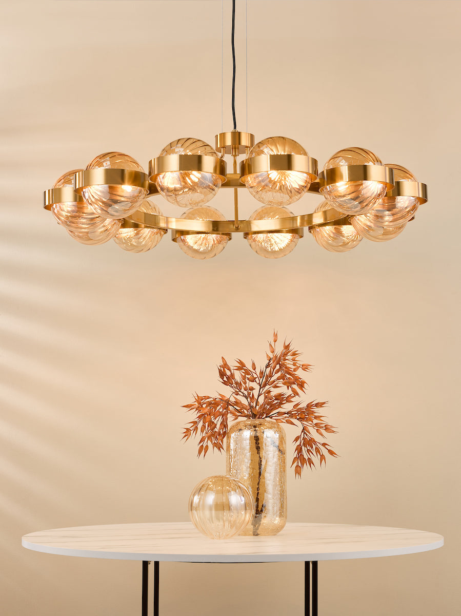OPH1235 Ophira 12 Light Pendant Antique Gold and Amber Ribbed Glass
