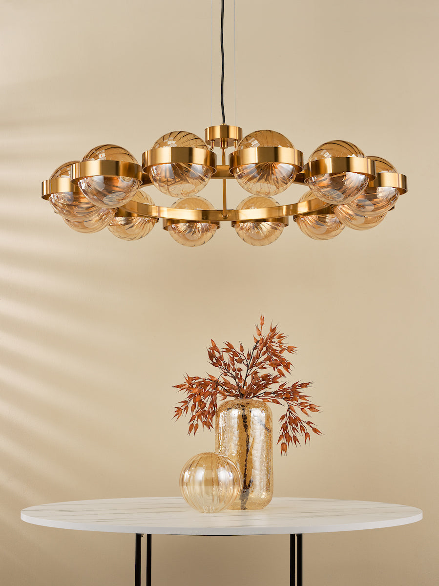 OPH1235 Ophira 12 Light Pendant Antique Gold and Amber Ribbed Glass