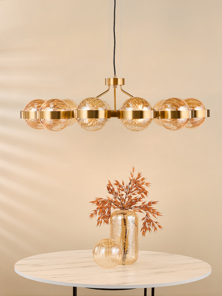 OPH1235 Ophira 12 Light Pendant Antique Gold and Amber Ribbed Glass