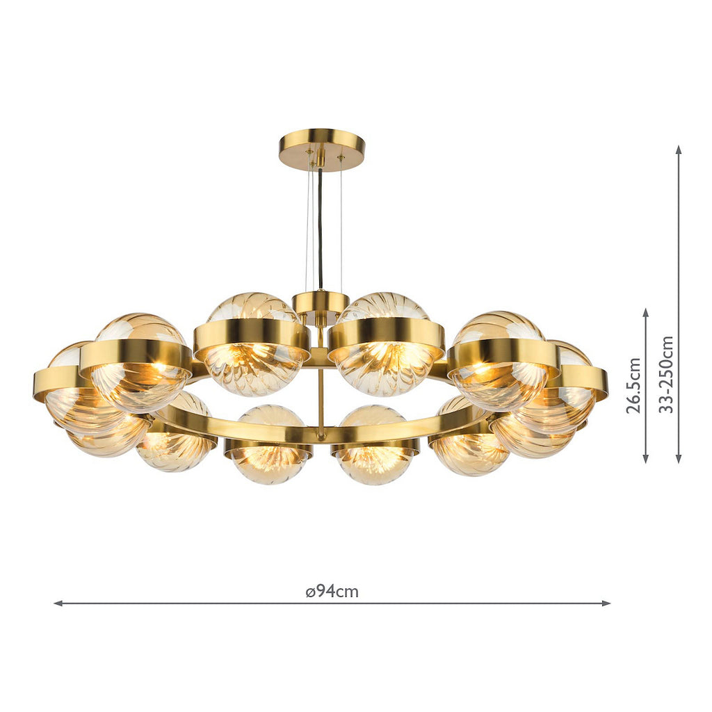 OPH1235 Ophira 12 Light Pendant Antique Gold and Amber Ribbed Glass