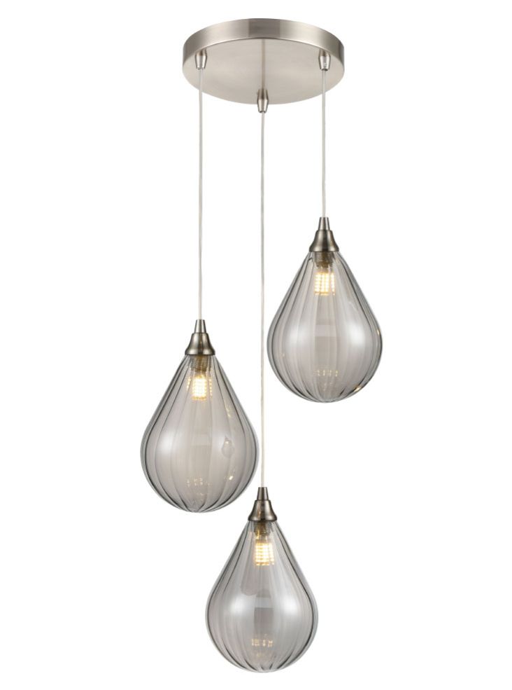 FL2453-3-355 Perry 3 Light Spreader Pendant In Satin Nickel With Smoked Glass