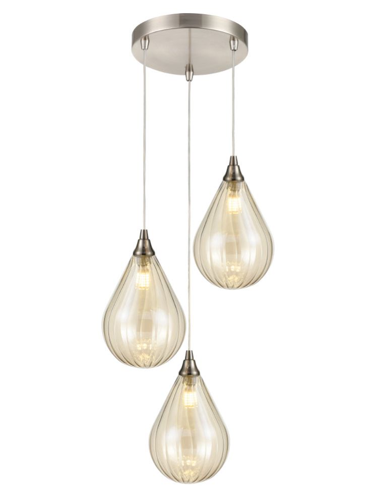 FL2453-3/356 Perry 3 Light Pendant Spreader In Satin Nickel With Amber Glass