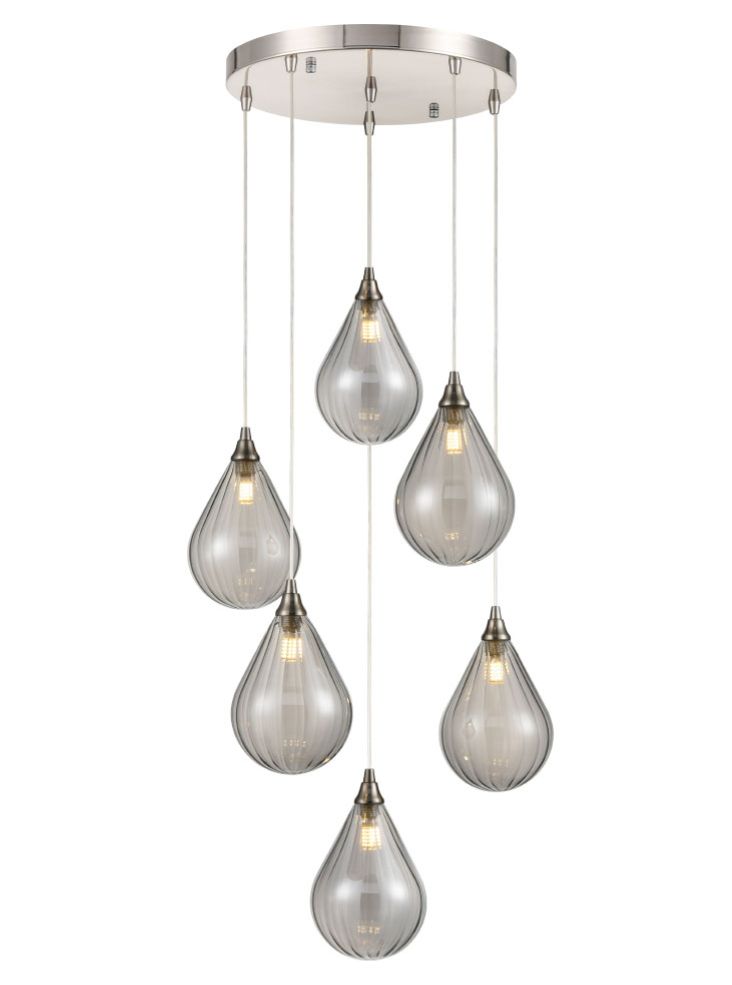 FL2453-6/355 Perry 6 Light Pendant Spreader In Satin Nickel With Smoked Glass
