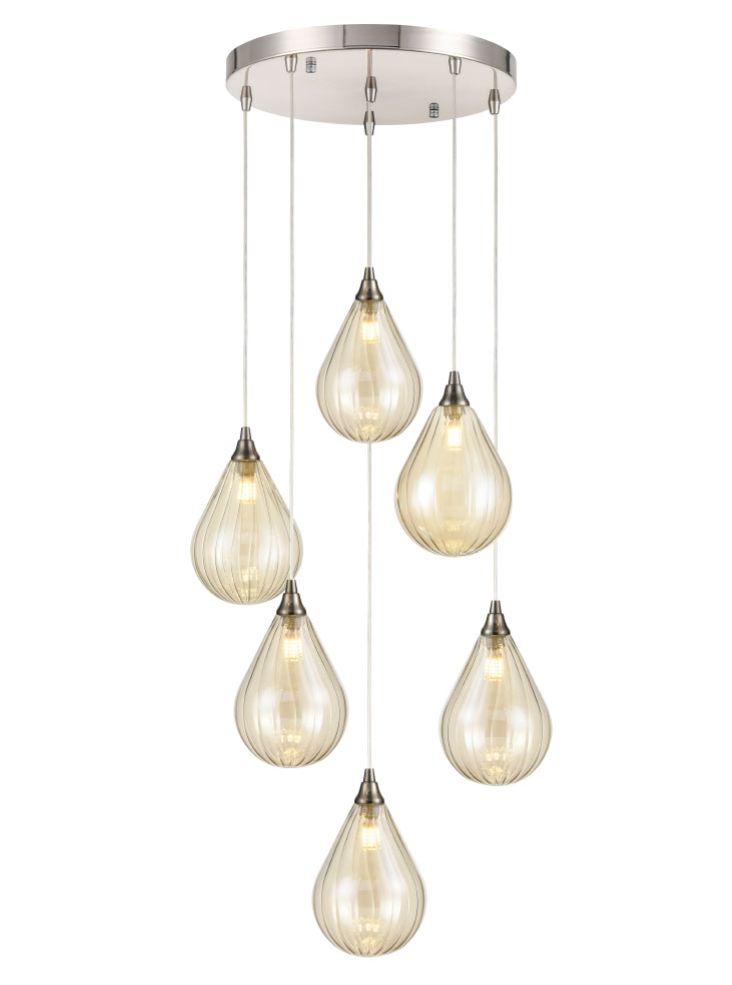 FL2453-6/356 Perry 6 Light Pendant Spreader In Satin Nickel With Amber Glass