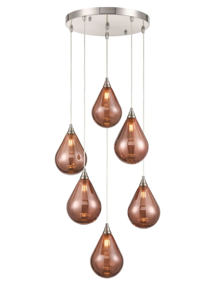 FL2453-6/357 Perry 6 Light Pendant Spreader In Satin Nickel With Copper Glass