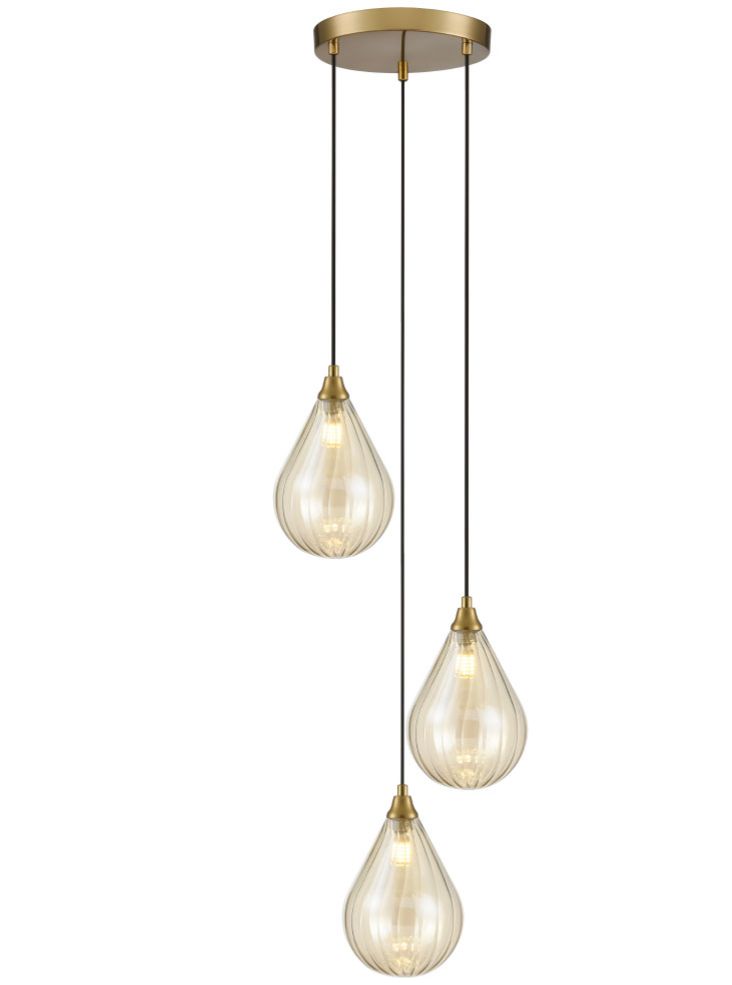 FL2468-3-356 Perry 3 Light Spreader Pendant In Aged Brass With Amber Glass
