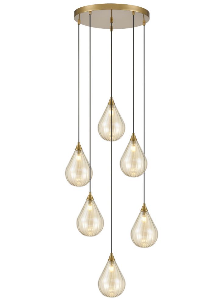FL2468-6-356 Perry 6 Light Spreader Pendant In Aged Brass With Amber Glass