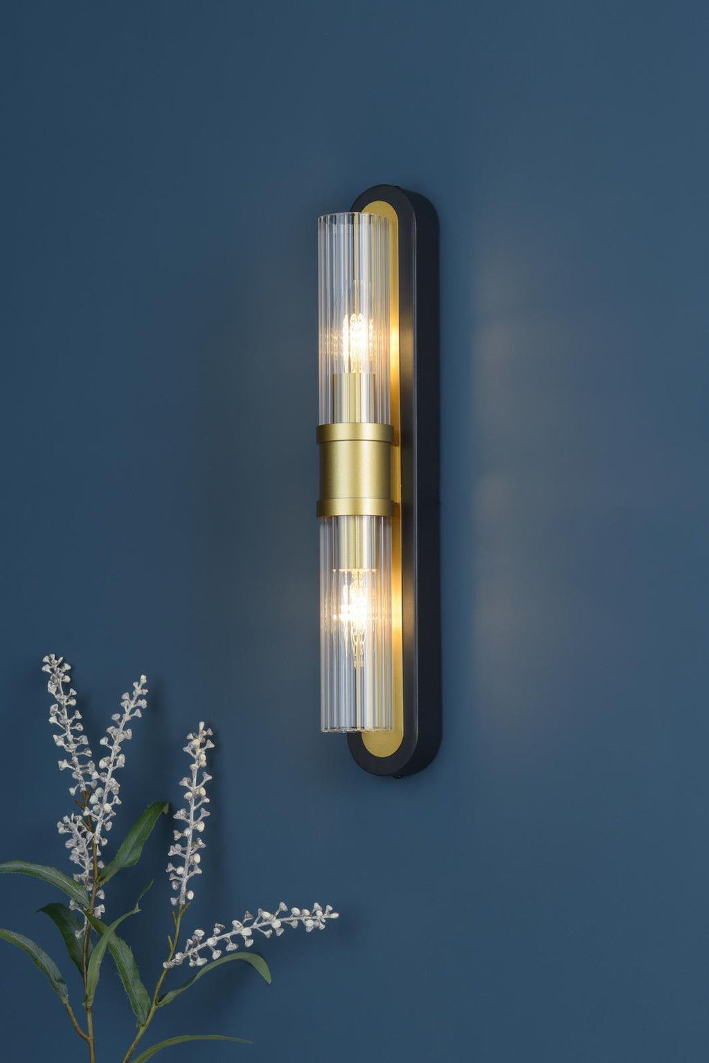 RHI0954 Rhian 2 Light Wall Light Matt Black and Ribbed Glass