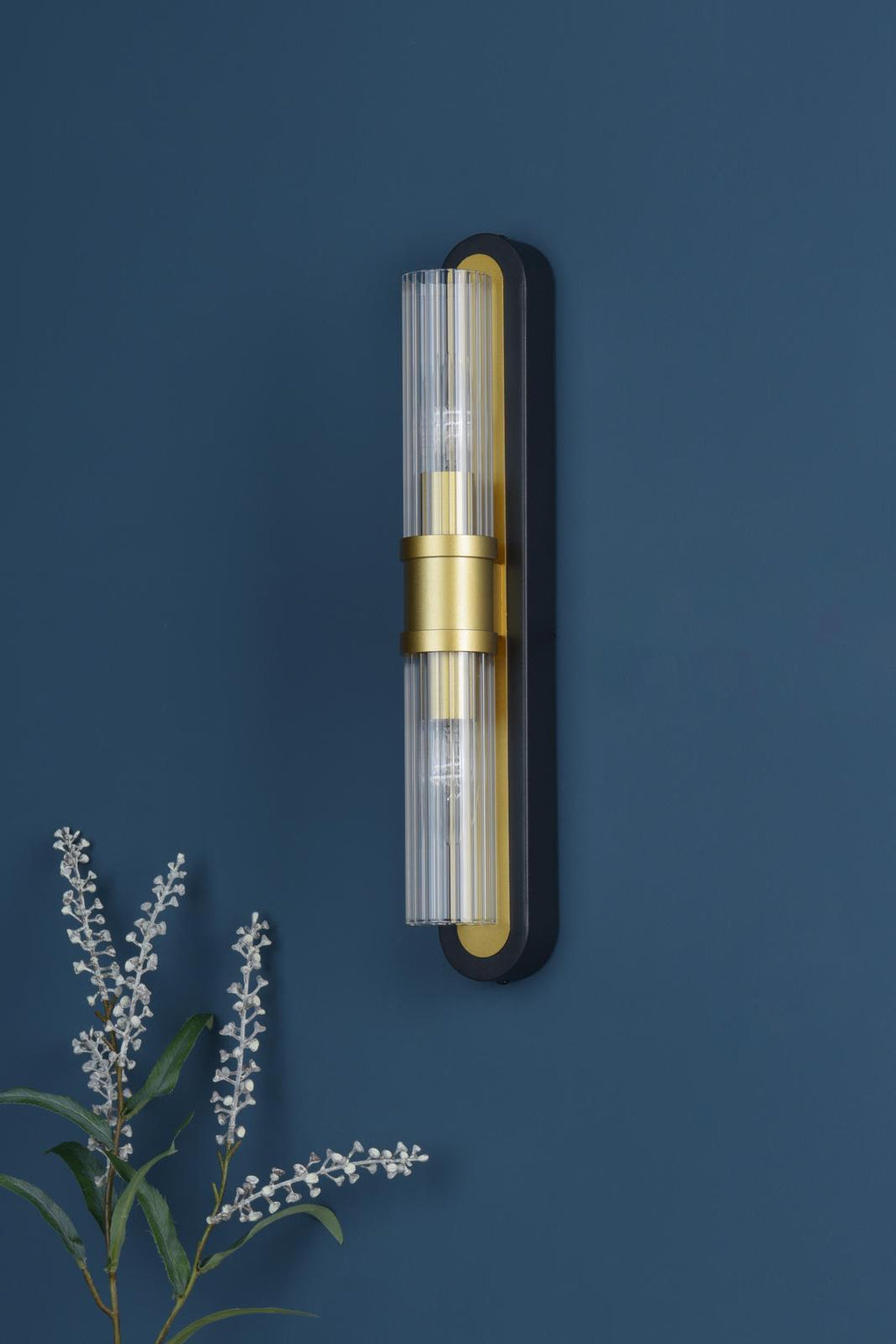 RHI0954 Rhian 2 Light Wall Light Matt Black and Ribbed Glass