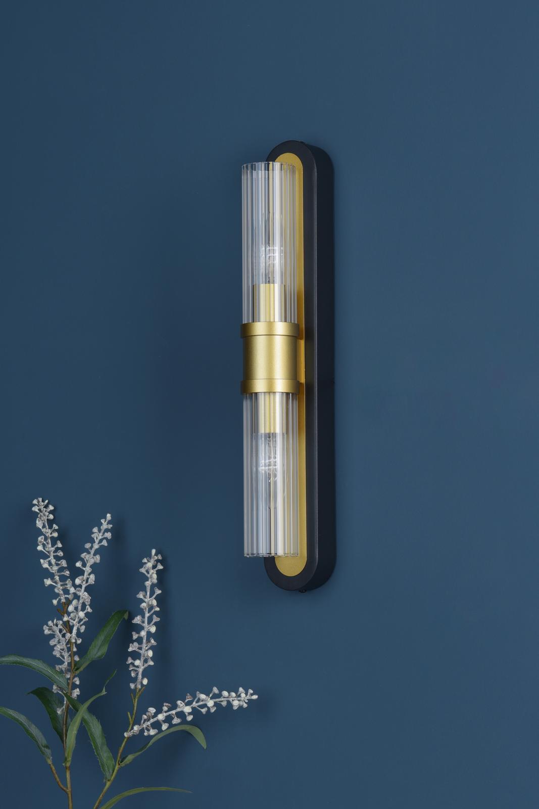 RHI0954 Rhian 2 Light Wall Light Matt Black and Ribbed Glass