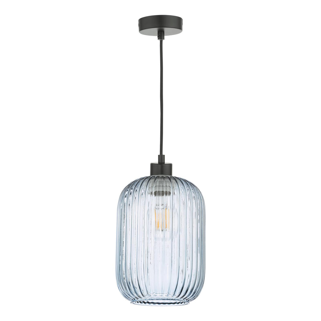 SP69-SAW6523 Sawyer Pendant Matt Black and Blue Ribbed Glass
