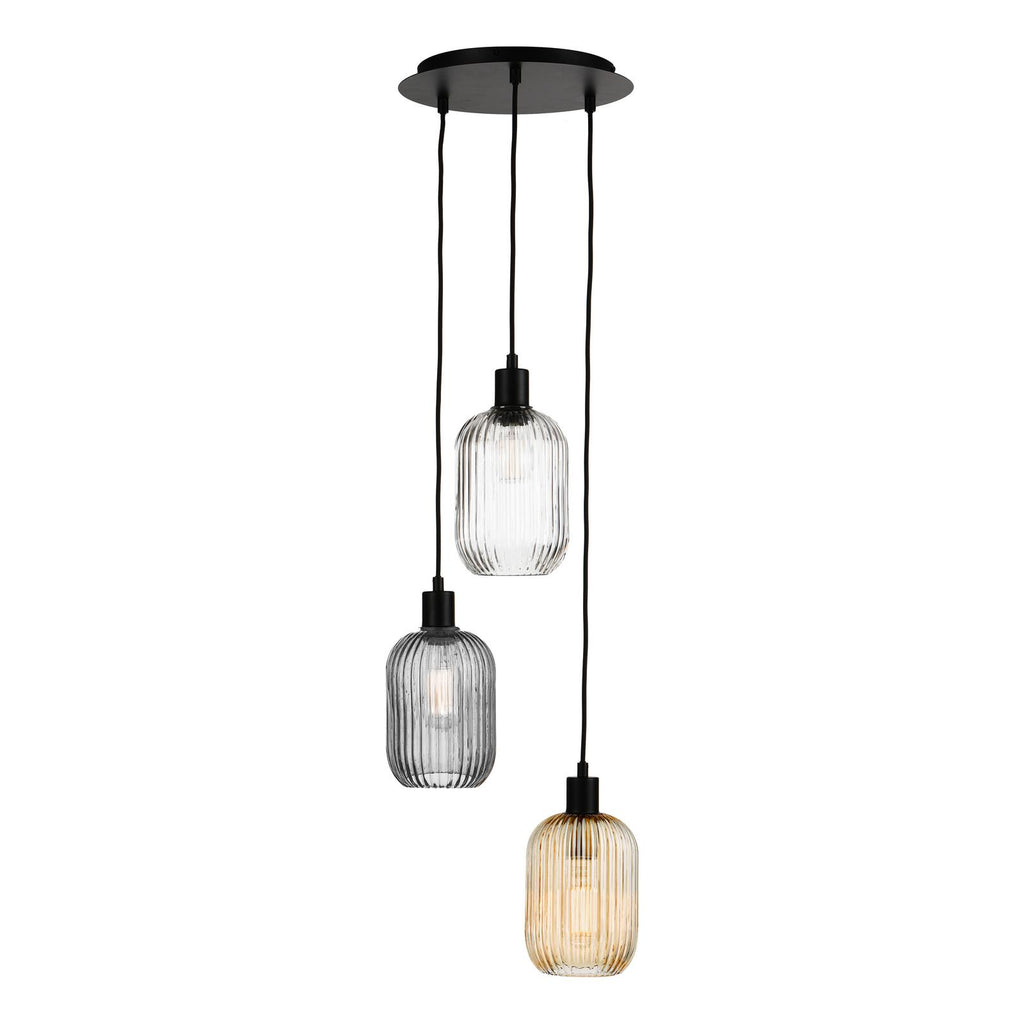SPC0322-MIX 3 Light Cluster Pendant Matt Black and Ribbed Glass
