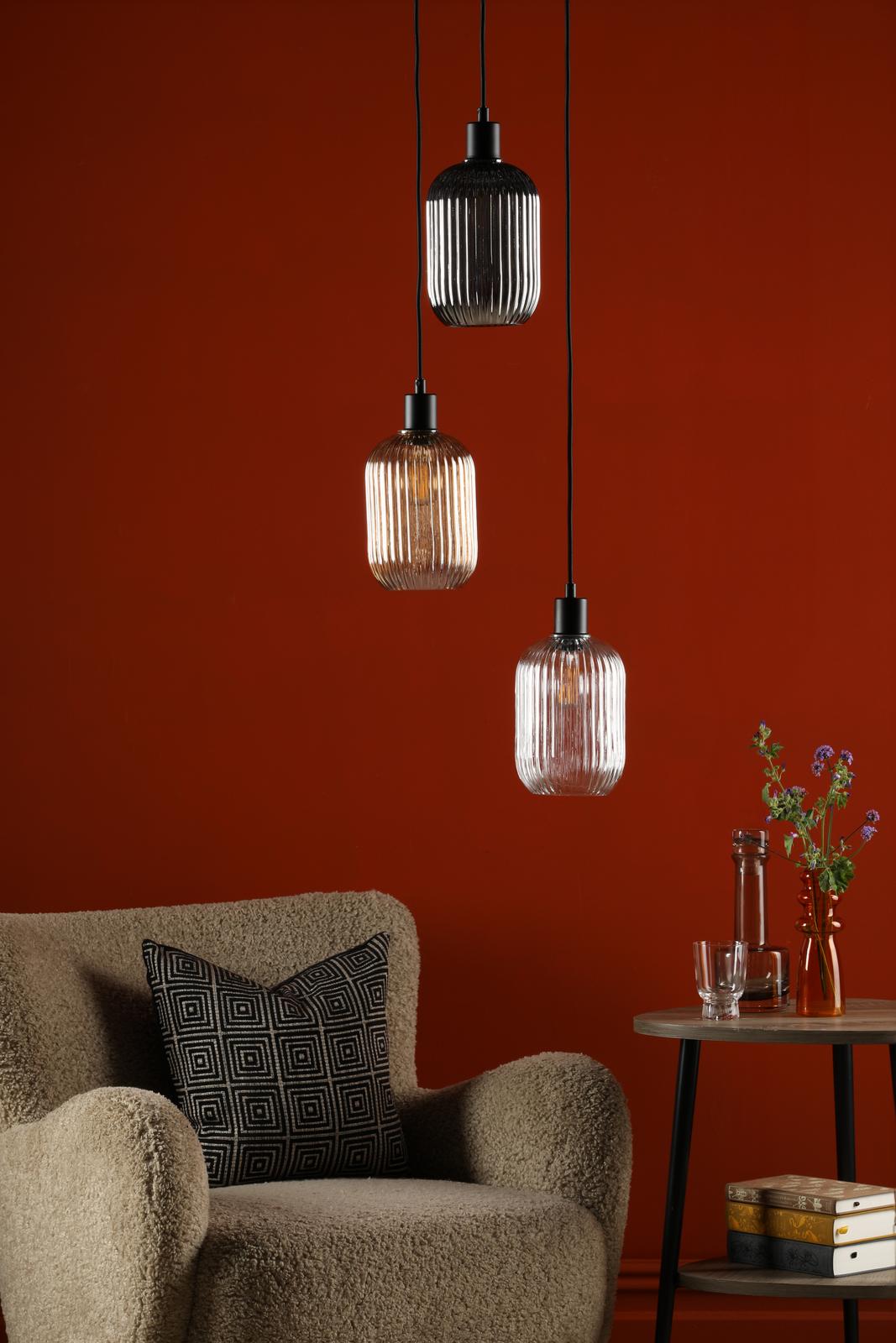 SPC0322-MIX 3 Light Cluster Pendant Matt Black and Ribbed Glass