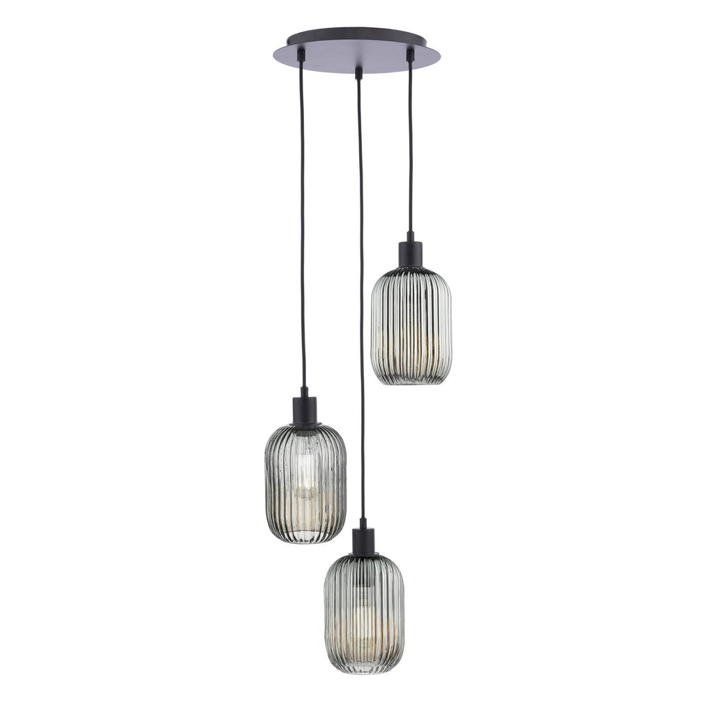 SPC0322-SAW6510 3 Light Cluster Pendant Matt Black and Smoked Ribbed Glass
