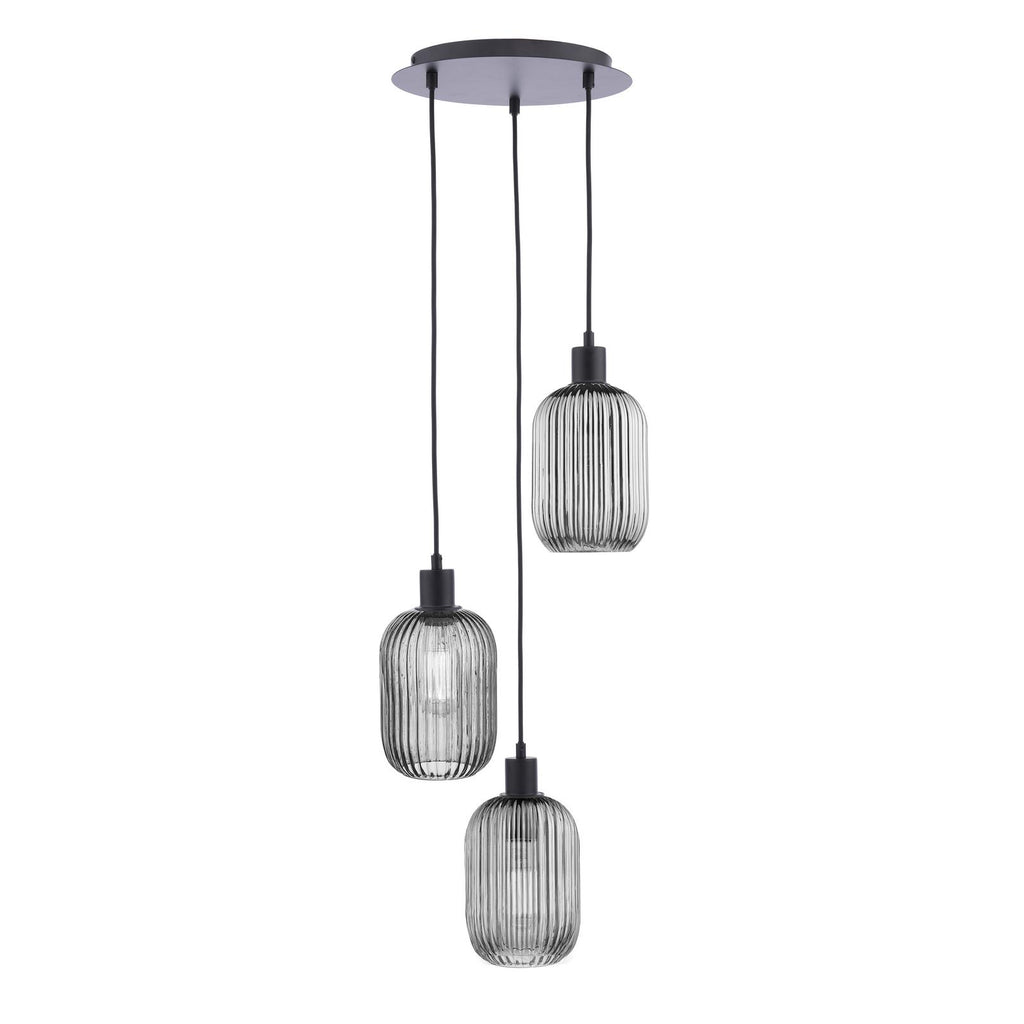 SPC0322-SAW6510 3 Light Cluster Pendant Matt Black and Smoked Ribbed Glass