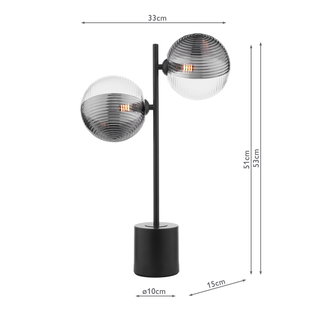SPI4222-19 Spiral 2 Light Table Lamp Matt Black With Smoked/Clear Ribbed Glass