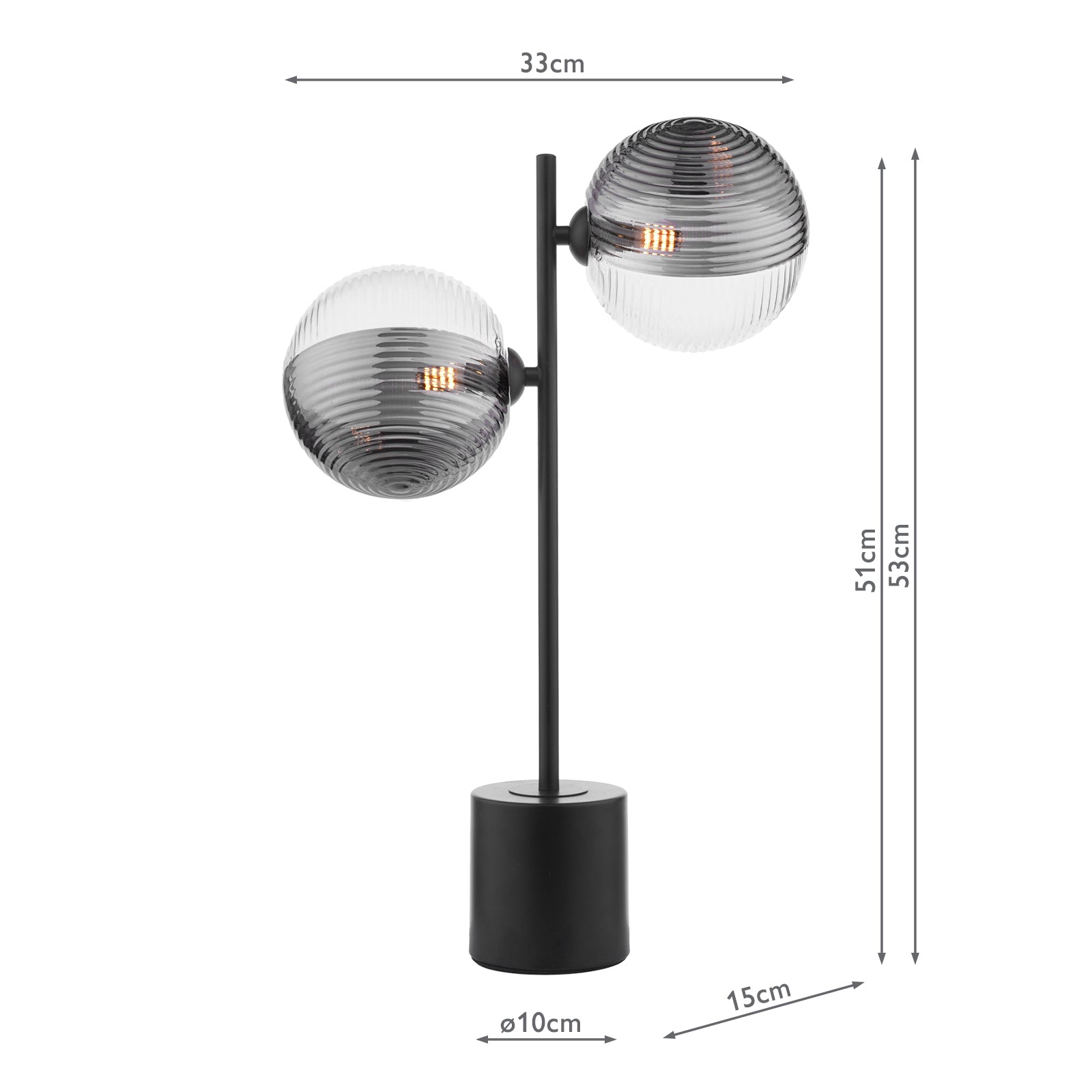SPI4222-19 Spiral 2 Light Table Lamp Matt Black With Smoked/Clear Ribbed Glass
