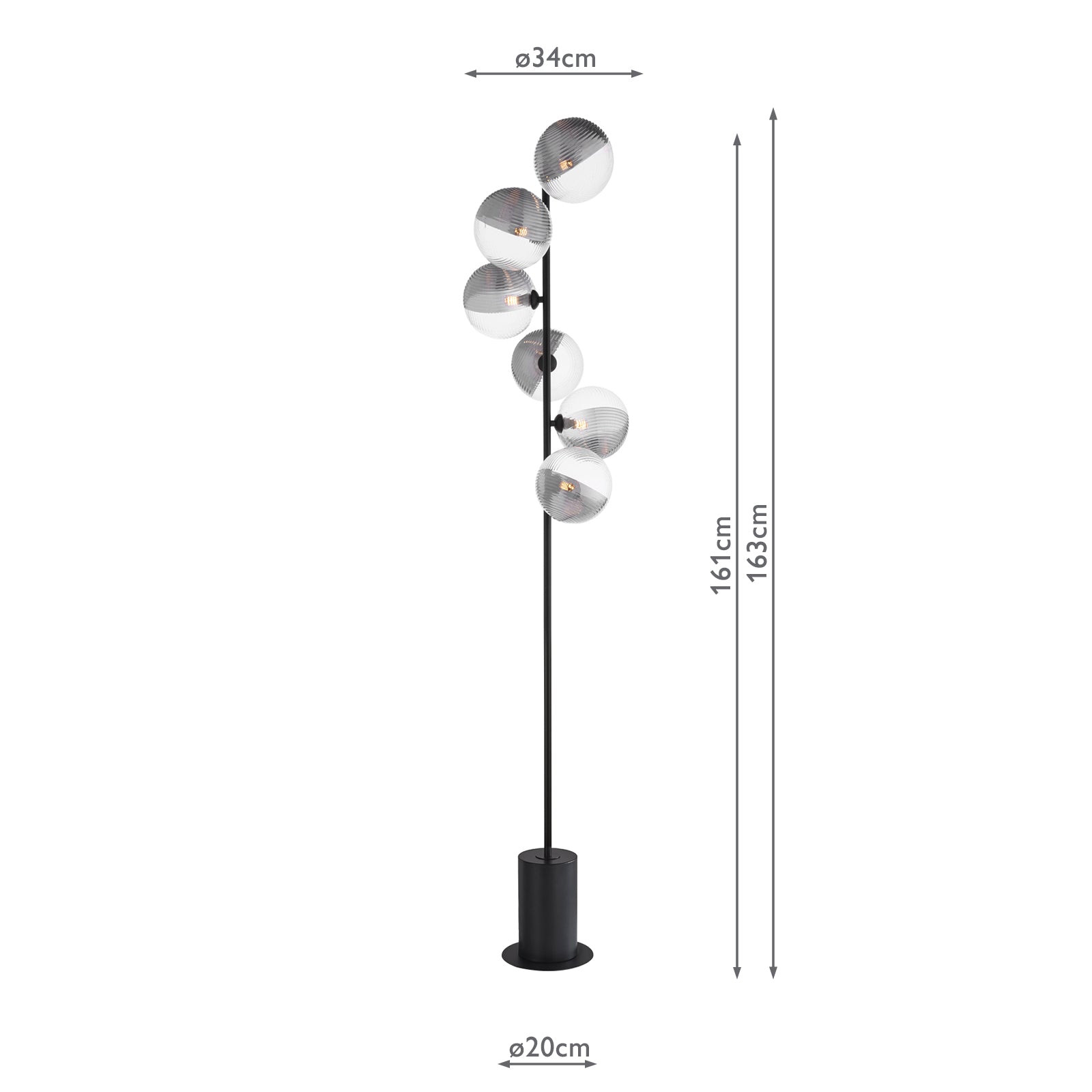 SPI4922-19 Spiral 6 Light Floor Lamp Matt Black With Smoked/Clear Ribbed Glass