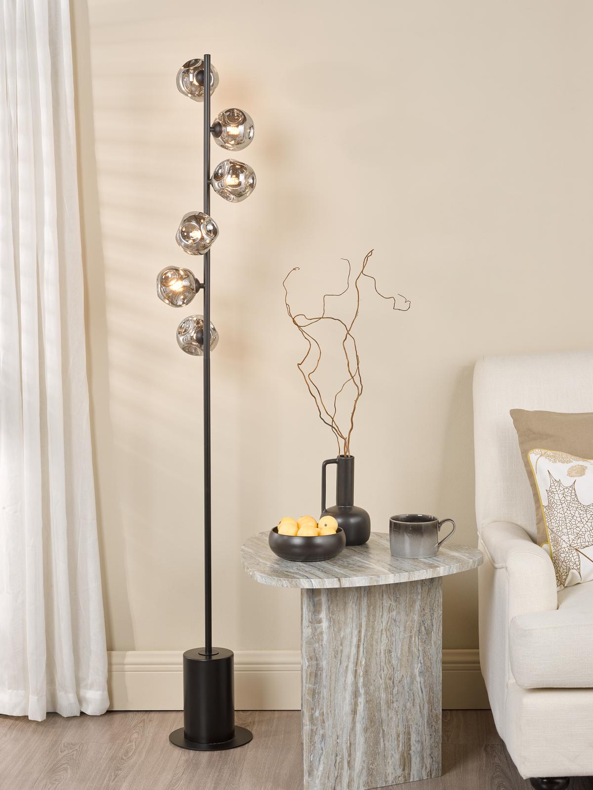 SPI4922-28 Spiral 6 Light Floor Lamp Matt Black With Closed Organic Smoked Glass