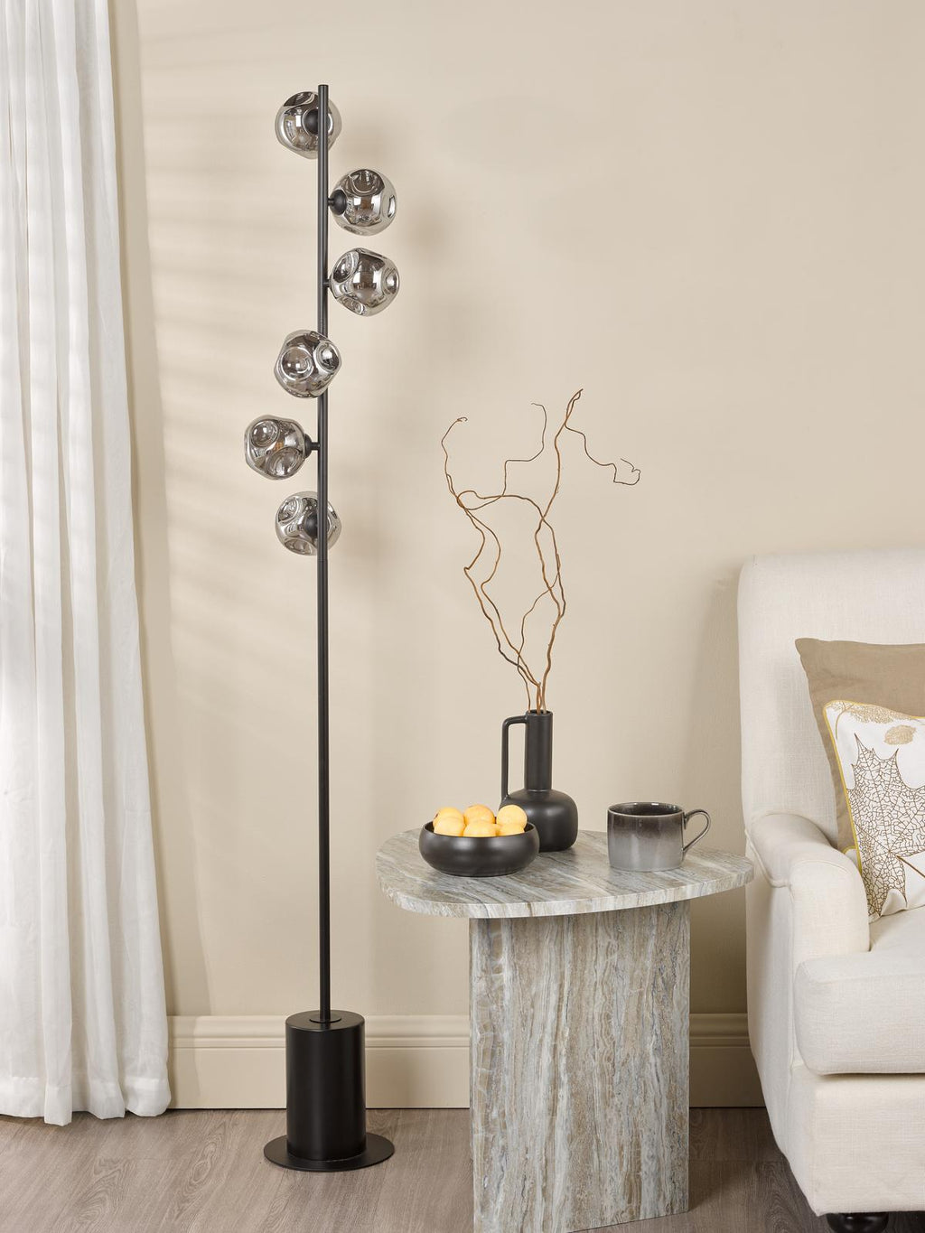 SPI4922-28 Spiral 6 Light Floor Lamp Matt Black With Closed Organic Smoked Glass
