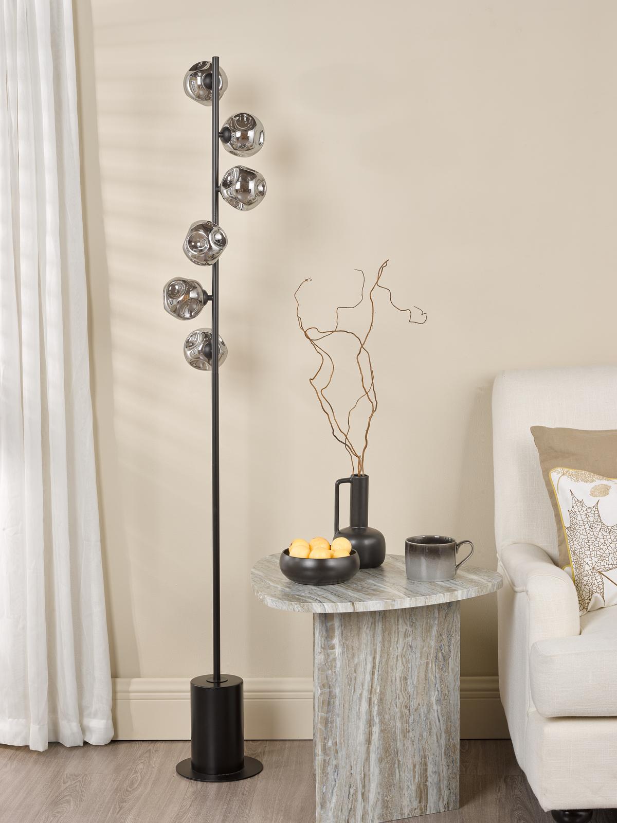 SPI4922-28 Spiral 6 Light Floor Lamp Matt Black With Closed Organic Smoked Glass