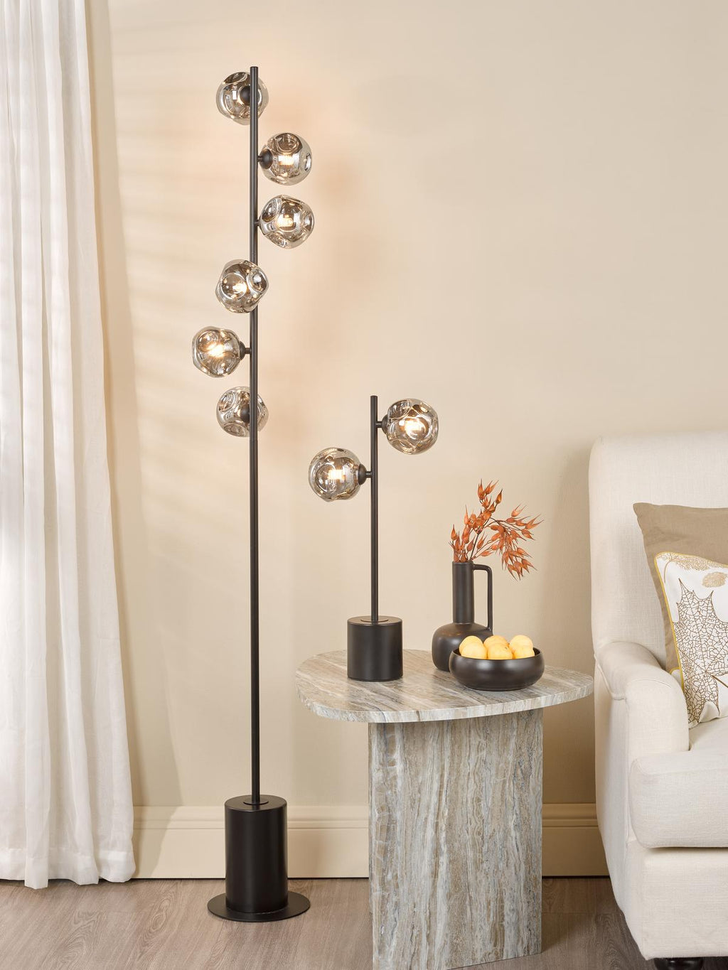 SPI4922-28 Spiral 6 Light Floor Lamp Matt Black With Closed Organic Smoked Glass