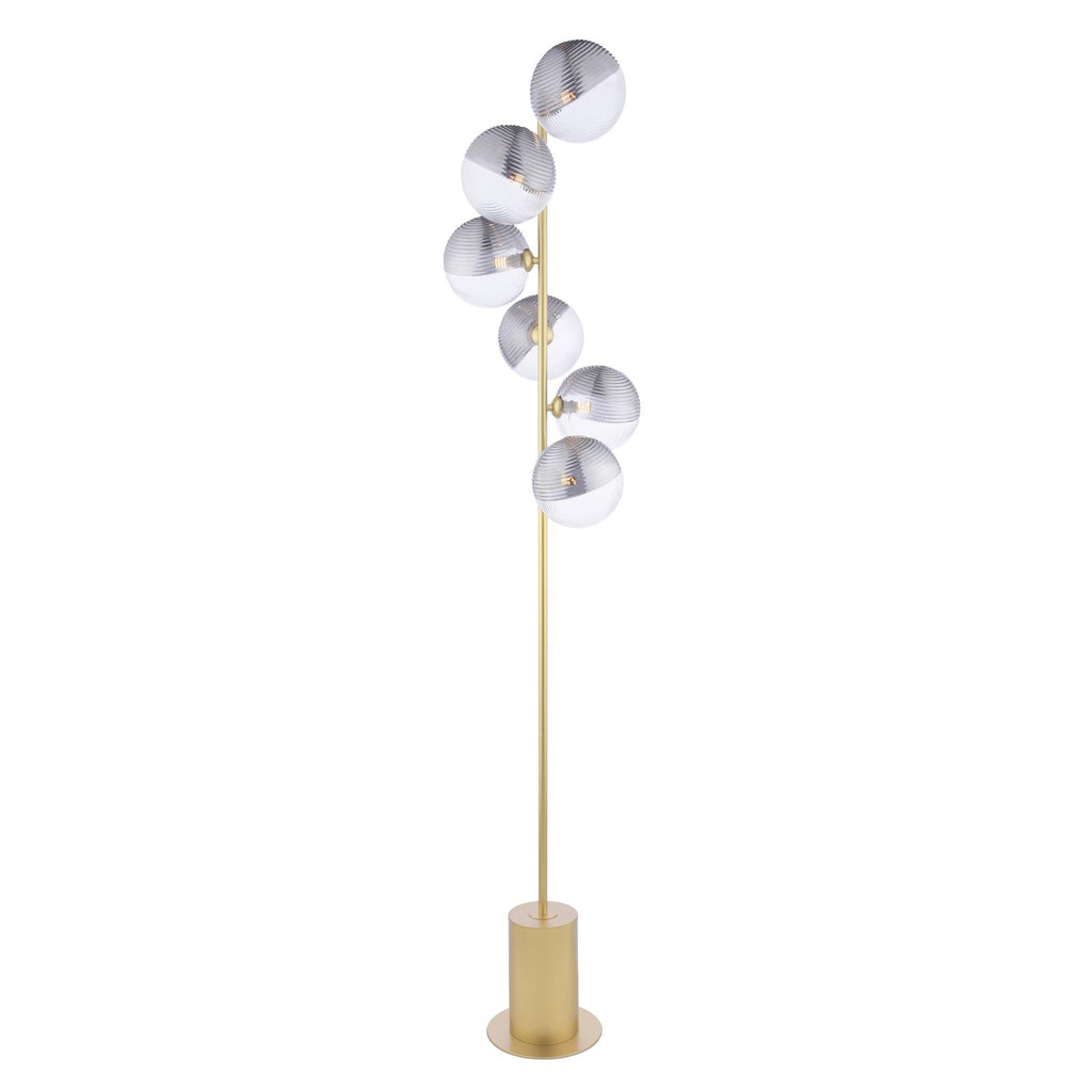 SPI4935-19 Spiral 6 Light Floor Lamp Matt Gold With Smoked/Clear Ribbed Glass