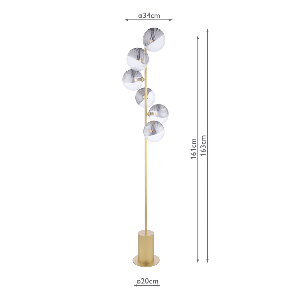SPI4935-19 Spiral 6 Light Floor Lamp Matt Gold With Smoked/Clear Ribbed Glass