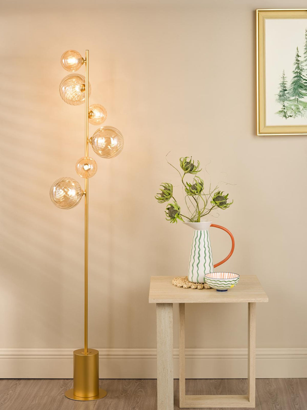 SPI4935-MIX Spiral 6 Light Floor Lamp Matt Gold and Amber Glass