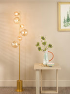 SPI4935-MIX Spiral 6 Light Floor Lamp Matt Gold and Amber Glass