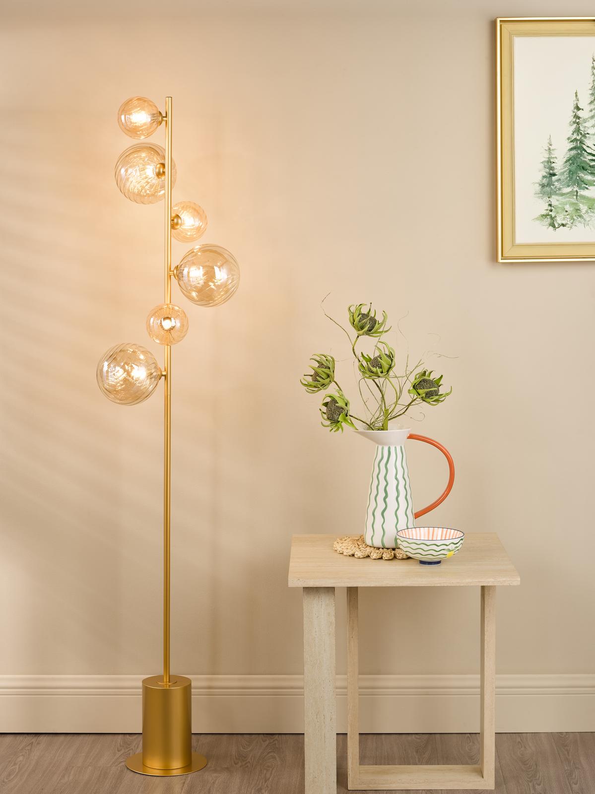 SPI4935-MIX Spiral 6 Light Floor Lamp Matt Gold and Amber Glass