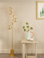 SPI4935-MIX Spiral 6 Light Floor Lamp Matt Gold and Amber Glass