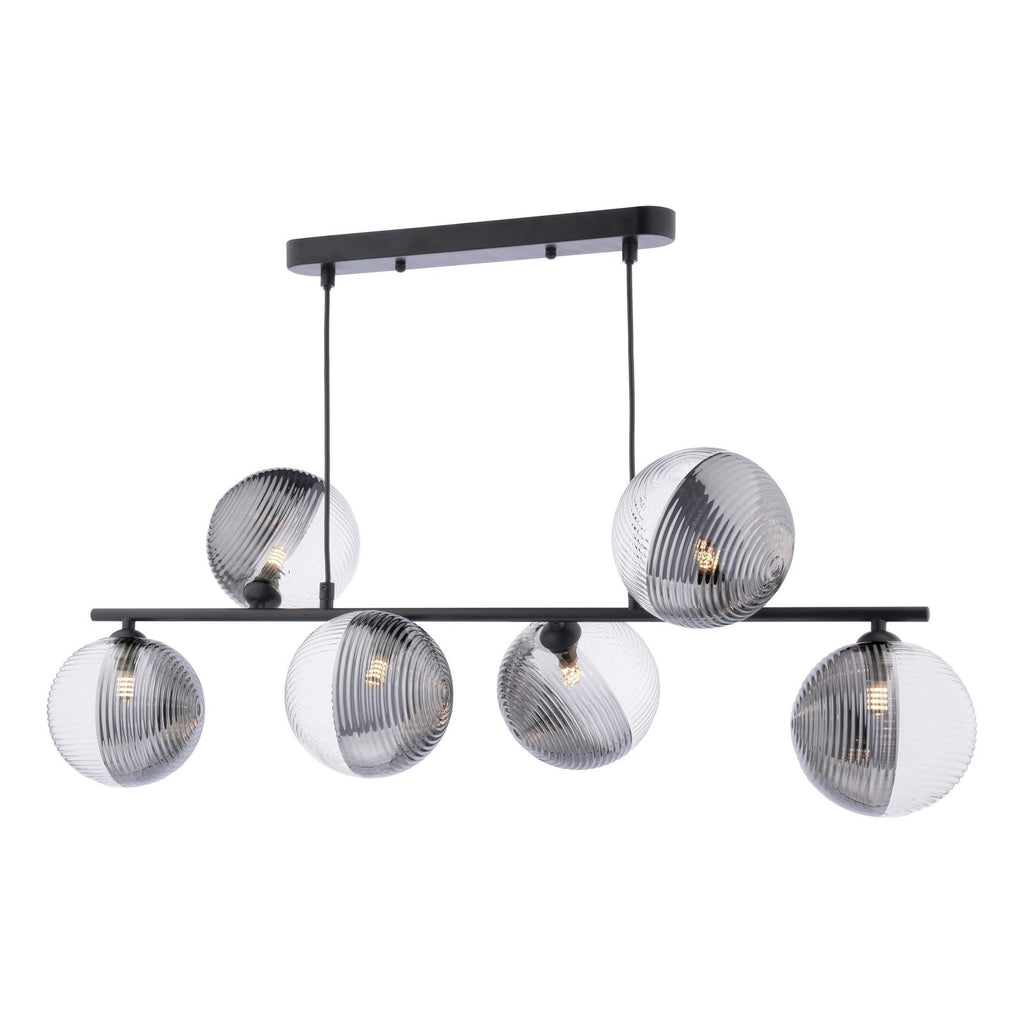 SPI6422-19 Spiral 6 Light Bar Pendant Matt Black With Smoked/Clear Ribbed Glass