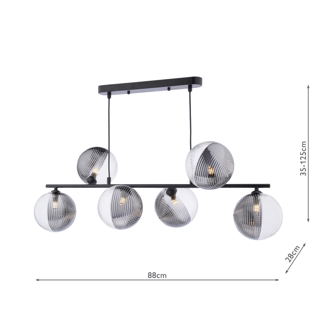 SPI6422-19 Spiral 6 Light Bar Pendant Matt Black With Smoked/Clear Ribbed Glass