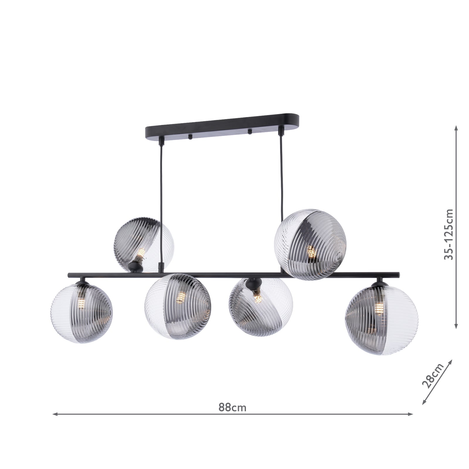 SPI6422-19 Spiral 6 Light Bar Pendant Matt Black With Smoked/Clear Ribbed Glass