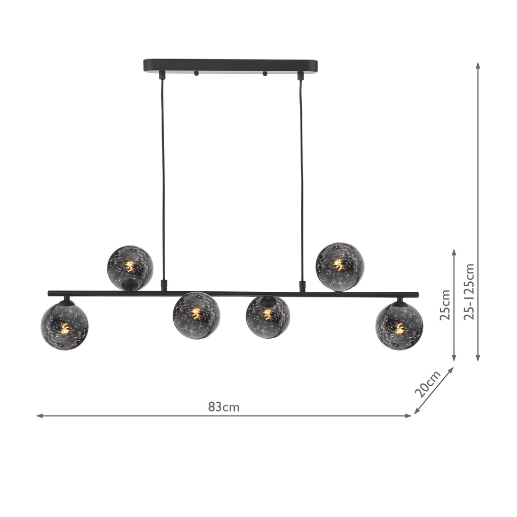 SPI6422-21 Spiral 6 Light Bar Pendant Matt Black With Black Confetti Glass