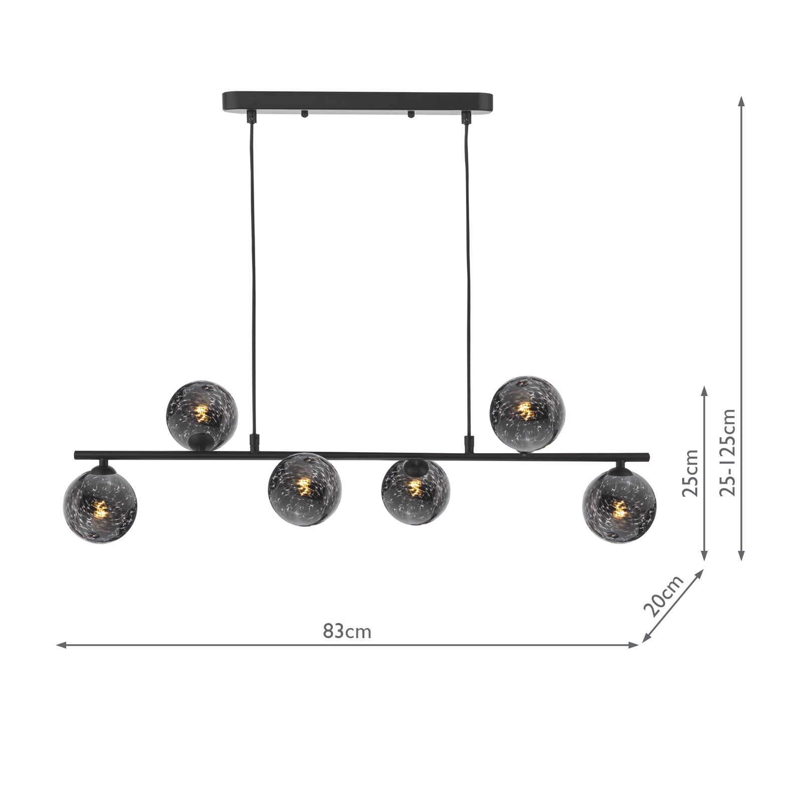SPI6422-21 Spiral 6 Light Bar Pendant Matt Black With Black Confetti Glass