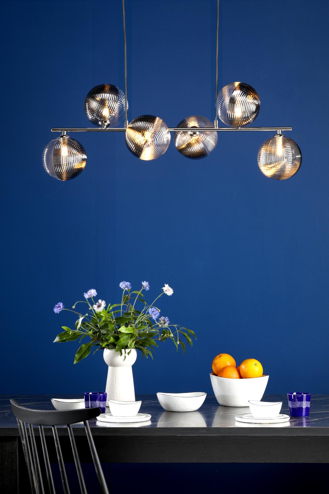 SPI6450-19 Spiral 6 Light Bar Pendant Polished Chrome With Smoked/Clear Ribbed Glass