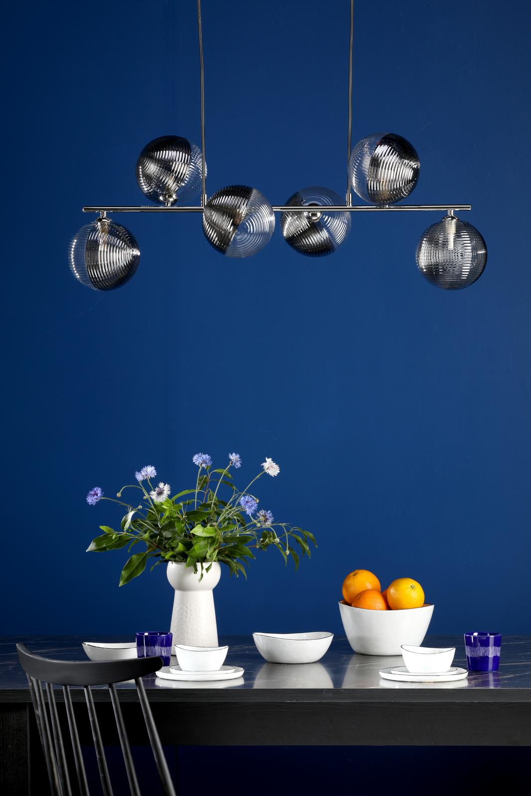 SPI6450-19 Spiral 6 Light Bar Pendant Polished Chrome With Smoked/Clear Ribbed Glass