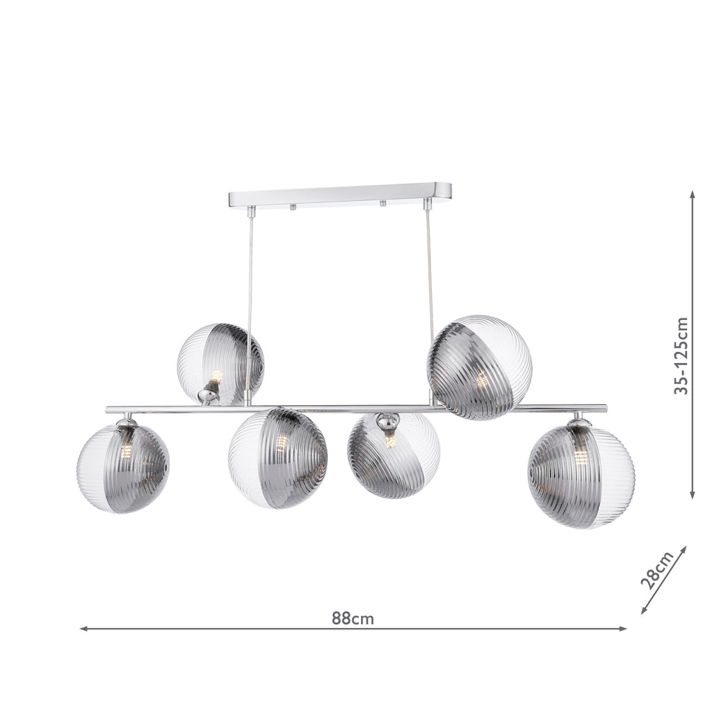 SPI6450-19 Spiral 6 Light Bar Pendant Polished Chrome With Smoked/Clear Ribbed Glass