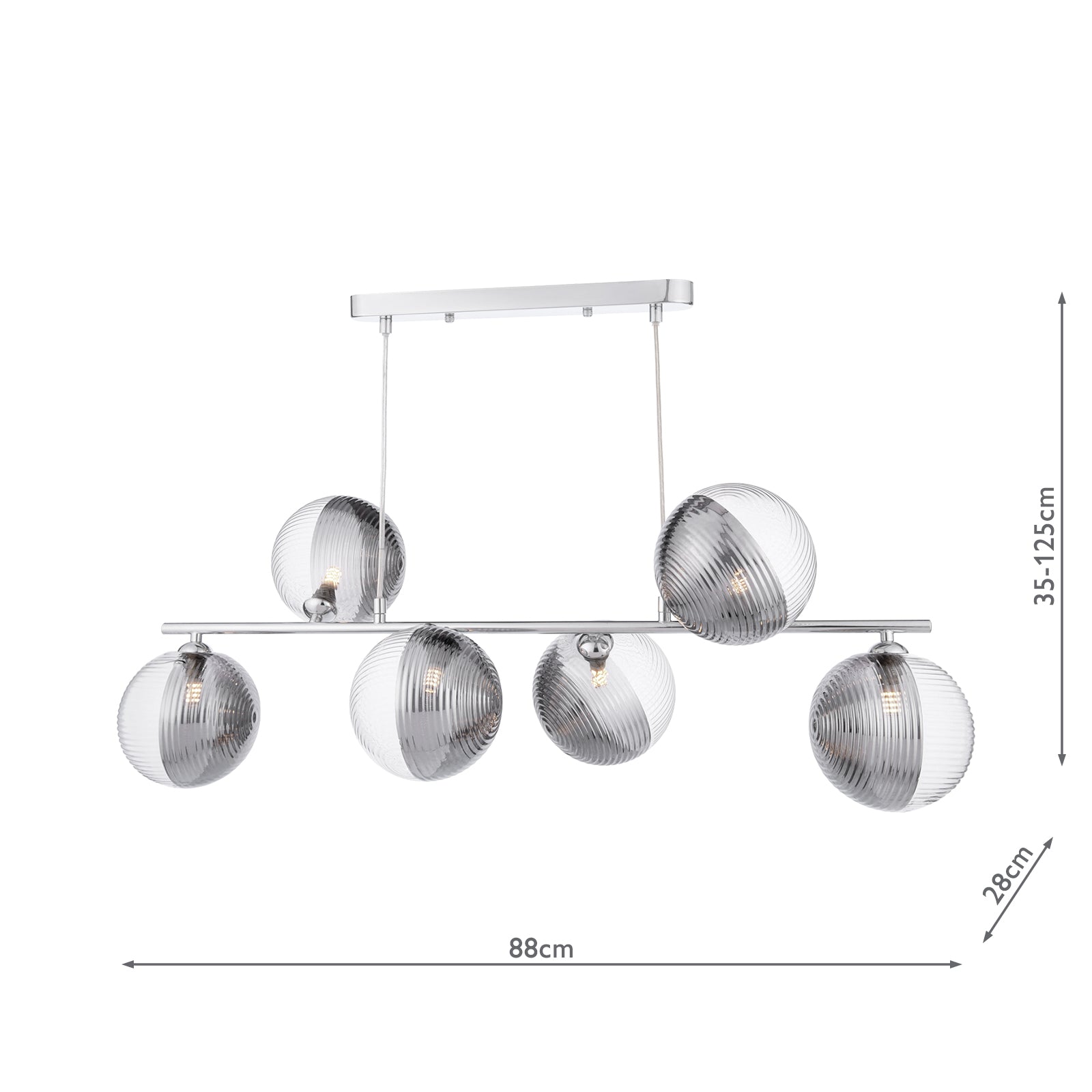 SPI6450-19 Spiral 6 Light Bar Pendant Polished Chrome With Smoked/Clear Ribbed Glass