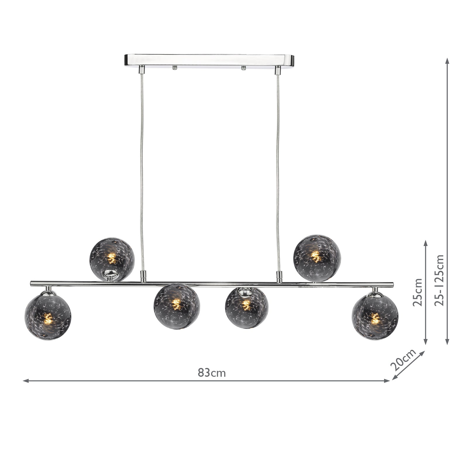 SPI6450-21 Spiral 6 Light Bar Pendant Polished Chrome With Black Confetti Glass