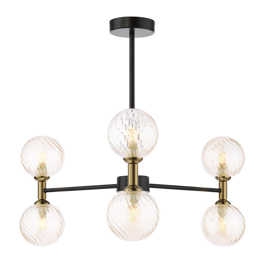 TAK0654-25 Takara 6 Light Semi-Flush Matt Black and Bronze With Twisted Amber Glass