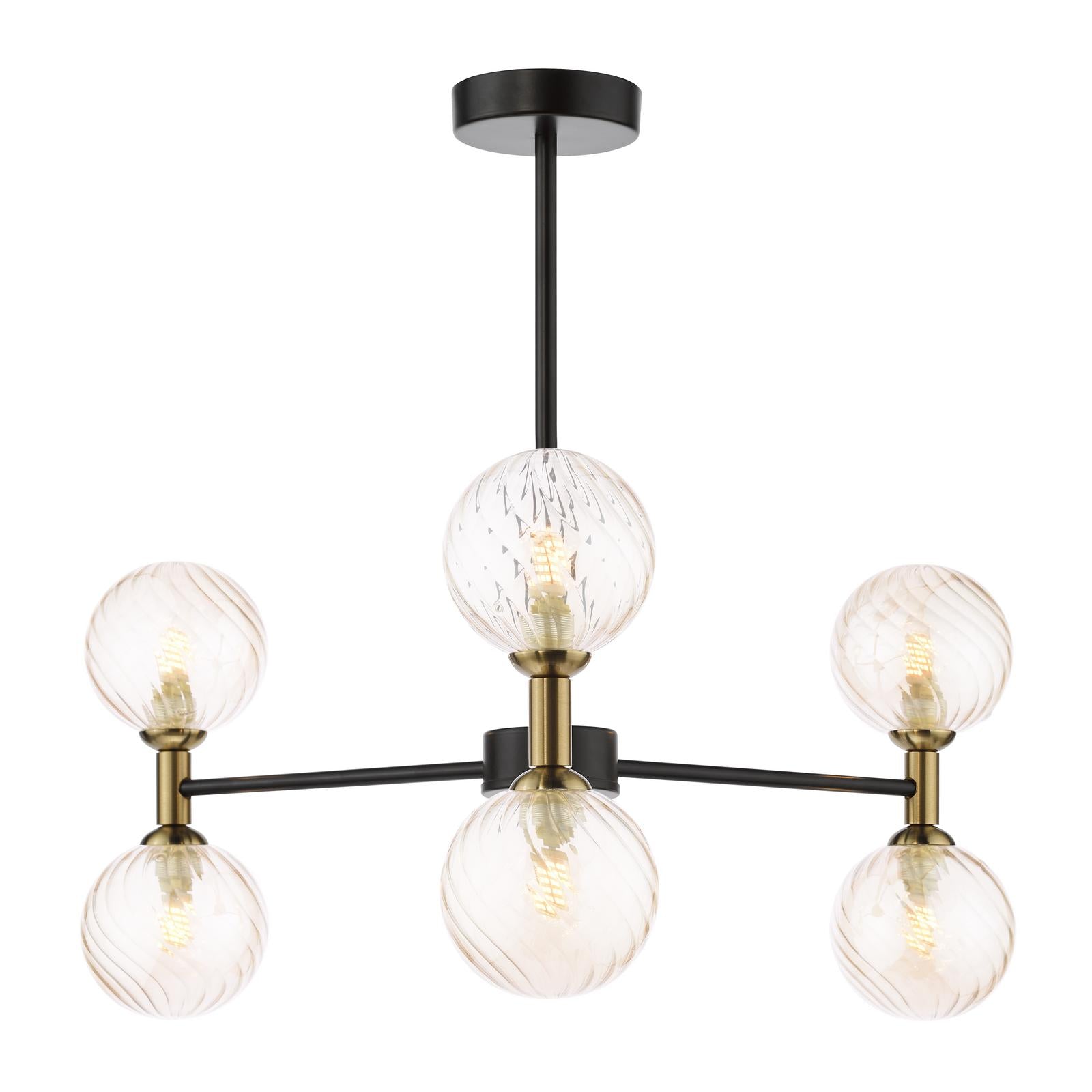 TAK0654-25 Takara 6 Light Semi-Flush Matt Black and Bronze With Twisted Amber Glass